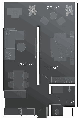 Планировка: 1 спальня, 53,6 м²